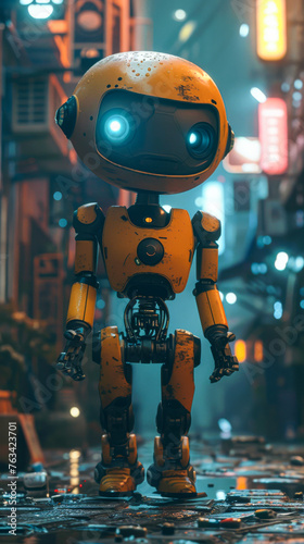 Wallpaper Mural A robot is standing on a wet street, with a neon yellow body and blue eyes. The robot is surrounded by neon lights, giving the scene a futuristic and industrial feel Torontodigital.ca