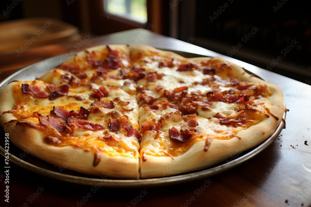Homemade bacon and cheese pizza straight from the oven