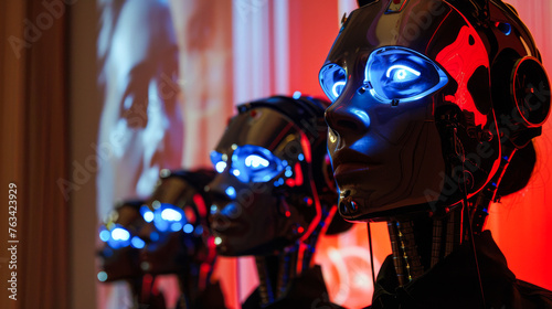Three robot faces with blue lights on them. The robot faces are all facing the same direction