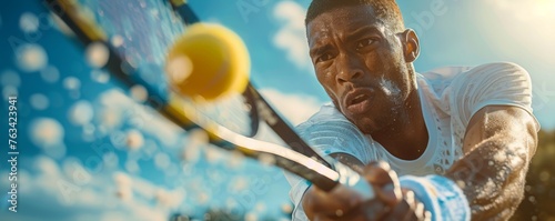 A close-up action shot of a tennis player serving on a bright day, exuding a competitive spirit and determination in this intense sports moment.