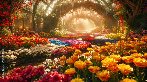 A garden filled with a variety of colorful flowers. The flowers are arranged in a way that creates a sense of depth and movement. The garden is a peaceful and serene place