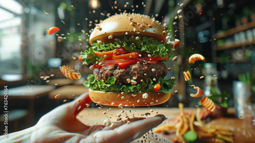 A person is holding a burger with lettuce and tomato on it. The burger is surrounded by food crumbs and he is in the air. Concept of excitement and indulgence