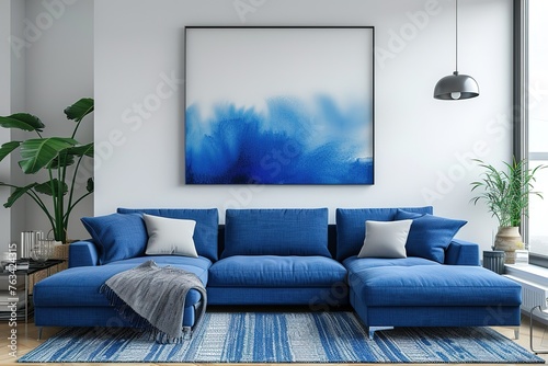 blue sofa and white wall in modern living room AI Generated photo