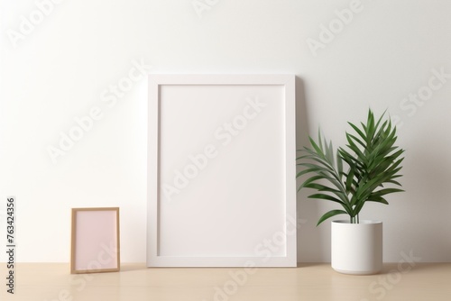 Empty white picture frame and a potted plant on a table