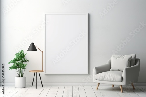 Minimalist white room with a chair and a blank white poster © KerXing