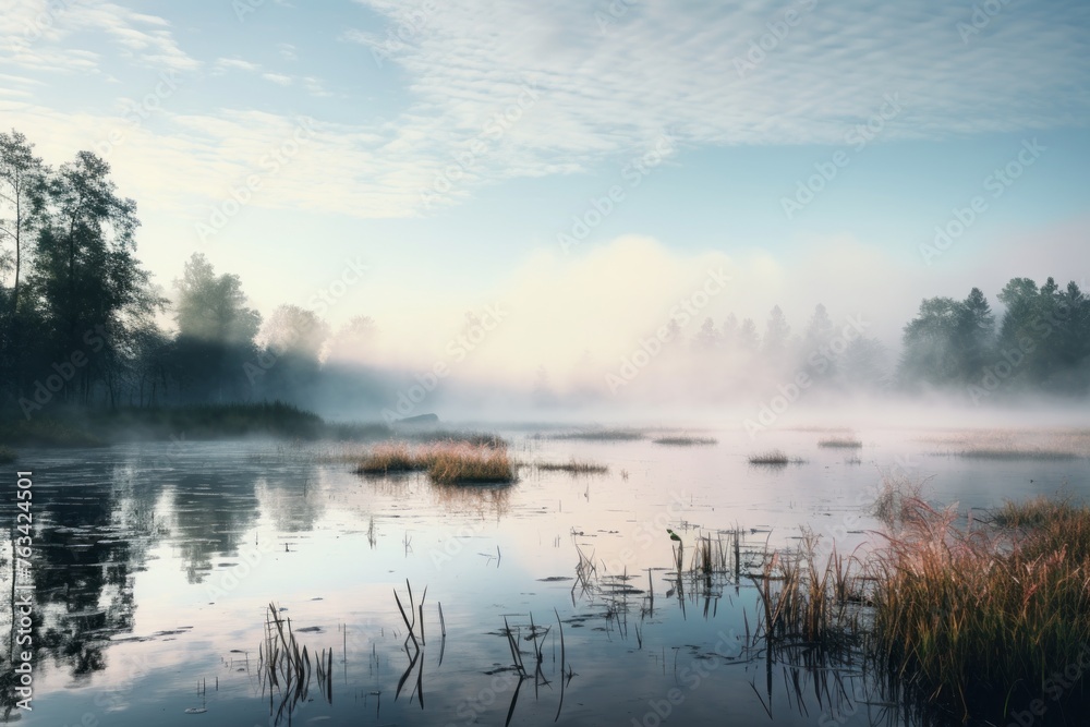 Misty morning scene with fog rising above a serene water body