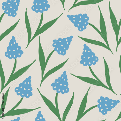 Simple floral design. Silhouettes of blooming lilac flowers in vintage style. Elegant seamless botanical pattern of spring flowers. Natural ornament for textile, fabric, wallpaper, surface design