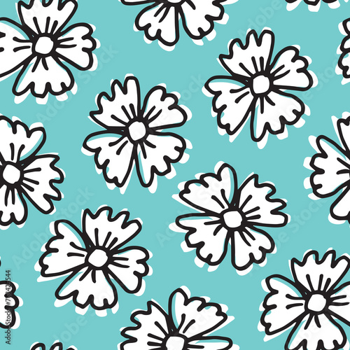 Abstract Hand Drawing Exotic Hibiscus Flowers Branches and Leaves Seamless Vector Pattern Isolated Background. Doodle white daisies.