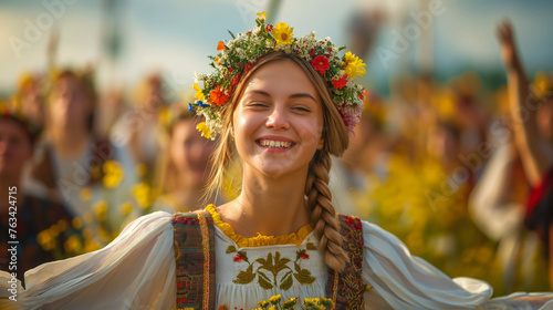 Smiling woman with floral crown celebrating Midsummer.