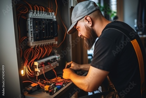 Professional electrician working on repairing electrical wiring in a modern building