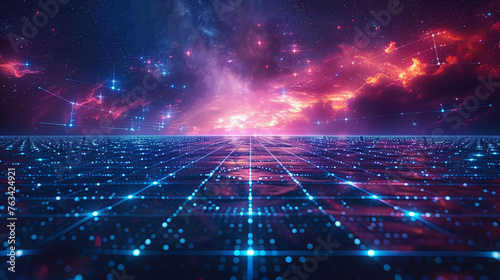 Synthwave vaporwave retrowave cyber background with copy space, laser grid, starry sky, blue glow. photo