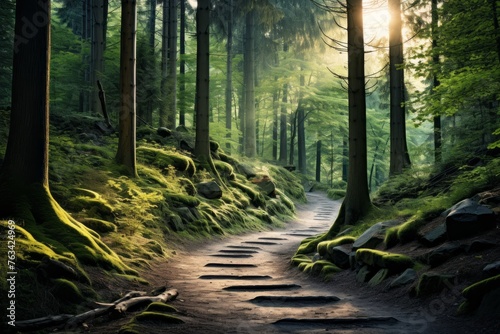 Pathway winding through a serene forest landscape