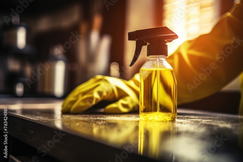 Woman using microfiber cloth and spray bottle to clean electric stove in kitchen, closeup shot