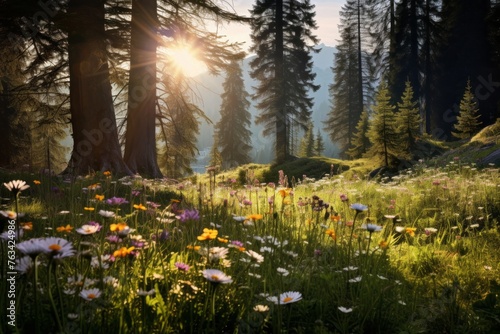 Peaceful forest meadow with wildflowers swaying in the breeze