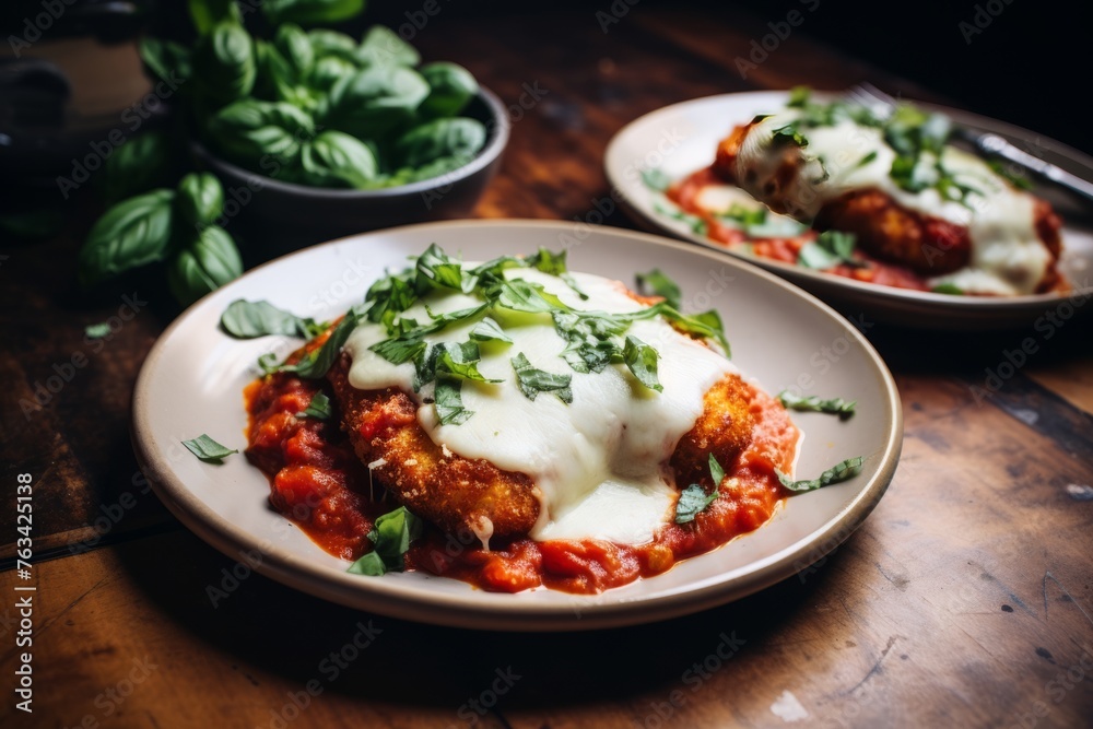 Plates of chicken parmigiana garnished with fresh basil and parsley Plates of chicken parmigiana garnished with fresh basil and parsley