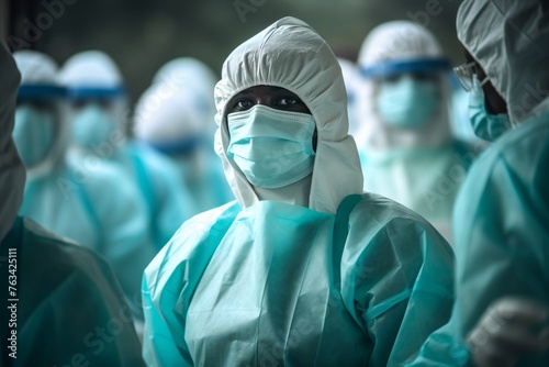Despondent asian doctor in hazmat ppe surrounded by weary medical staff in clean suits