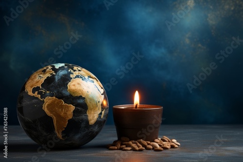 Burning candle on dark table with dimly lit planet earth in background, atmospheric ambiance