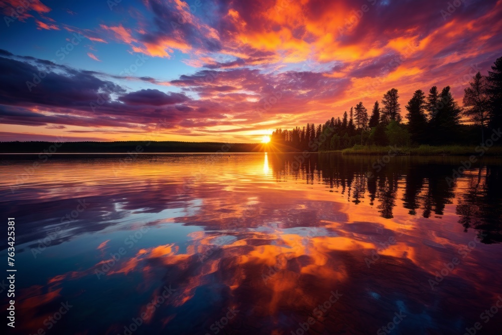Reflections of a vibrant sunset on calm lake waters
