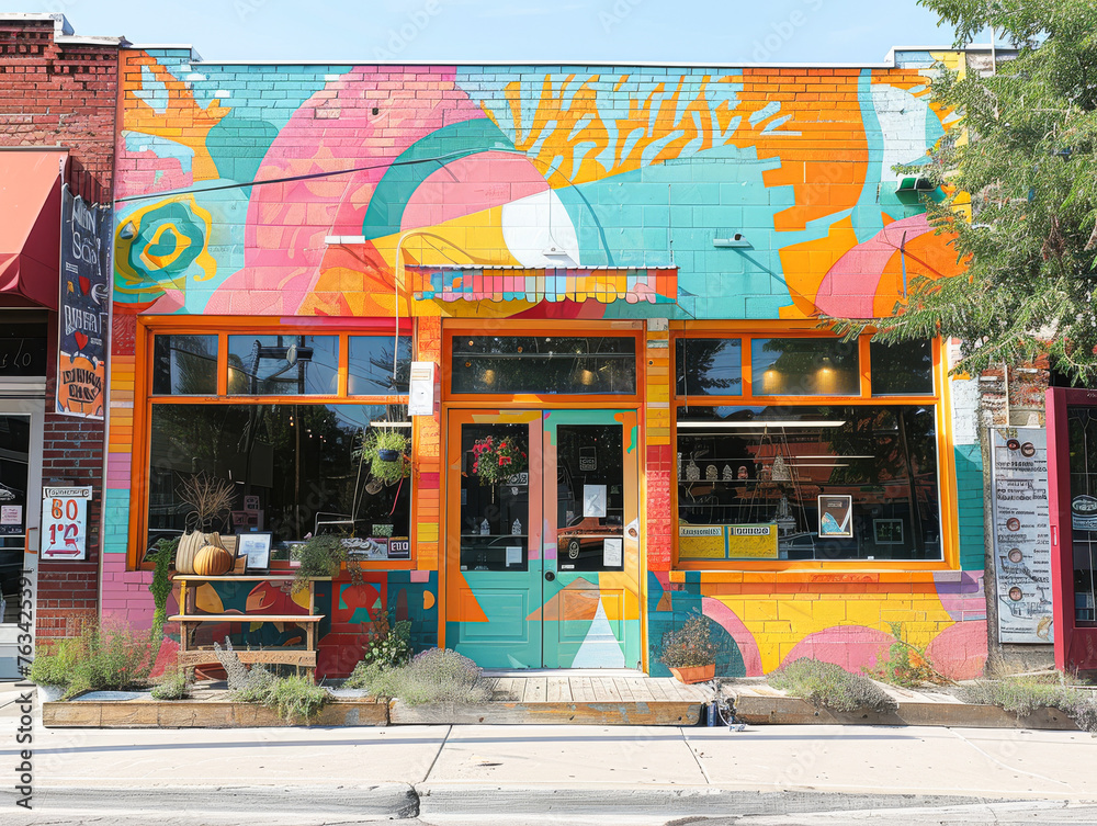 Obraz premium A colorful building with a mural on the side. The mural is of a tree and has a lot of different colors. The building is a store with a sign that says 