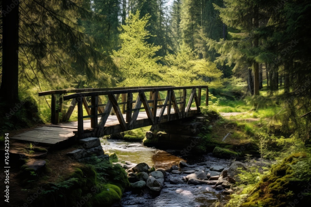 Quaint wooden bridge spanning a quiet forest stream Quaint wooden bridge spanning a quiet forest stream