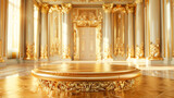 A gold room with a gold pedestal in the center. The room is very ornate and has a very luxurious feel to it