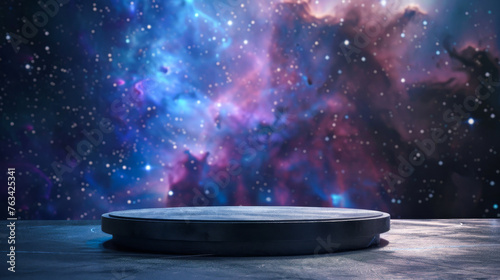 A round, empty stage with a backdrop of a starry sky. The stage is set for a performance or a presentation