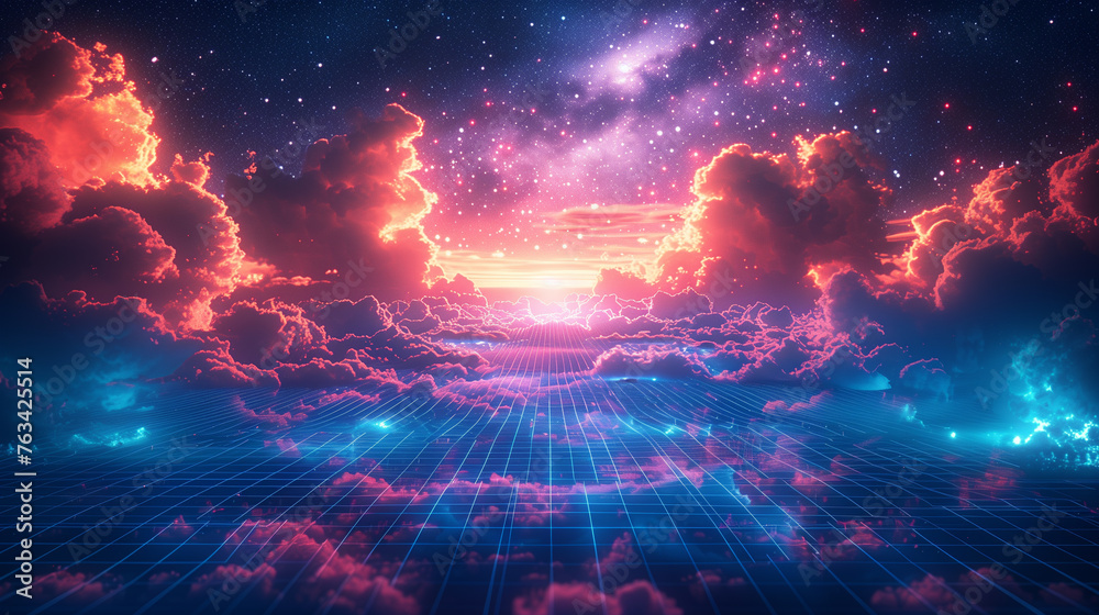 Synthwave vaporwave retrowave cyber background with copy space, laser grid, starry sky, blue glow.