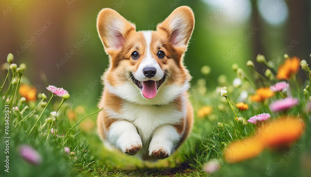 A dog pembroke welsh corgi puppy with a happy face runs through the colorful lush spring green grass