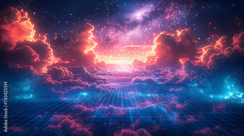 Synthwave vaporwave retrowave cyber background with copy space, laser grid, starry sky, blue glow.