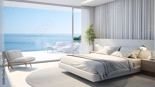 Summer interior background. White pillows on bed against big window with stunning sea view. Interior design of modern bedroom, Summer interior background. White pillows on bed against big window  © Bahishat