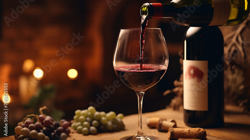 A  image of a bottle of fine Italian red wine being poured into a glass, emphasizing the wine culture deeply rooted in Italian dining.