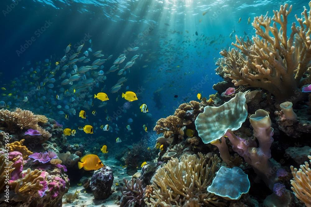 Obraz premium Underwater coral reefs with colorful fishes