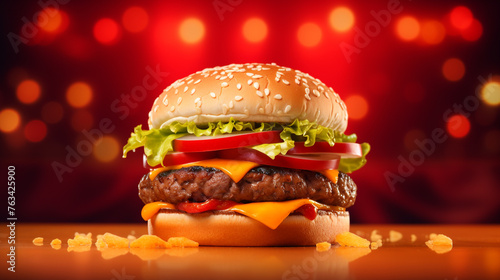 A  image of a classic cheeseburger on a vibrant red background. © Mujtaba