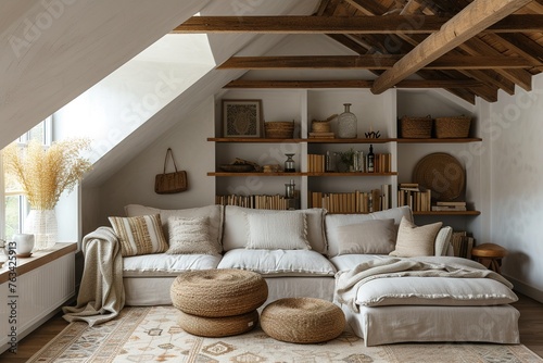 Corner sofa against shelving unit, scandinavian home interior design of modern living room in attic in farmhouse.