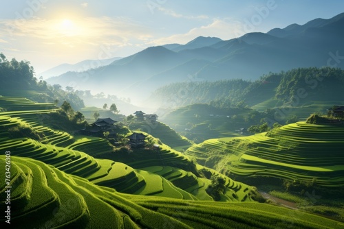 Serene countryside view with terraced paddy fields in varying stages of growth © KerXing
