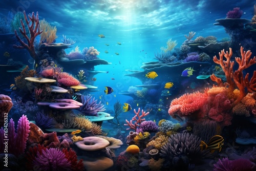 Serene underwater scene with coral reefs and fish for a captivating  background © KerXing
