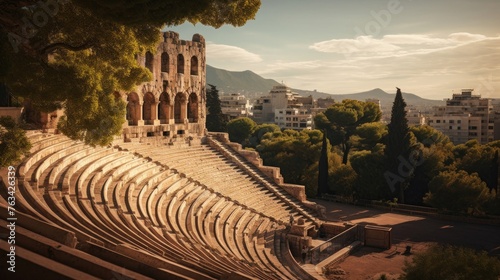 Greek amphitheater at bustling metropolis heart urban life encircles