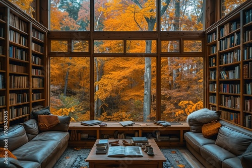 Cozy and warm library with wooden furniture and books. The library has a large window that offers a picturesque view of colorful autumn trees.