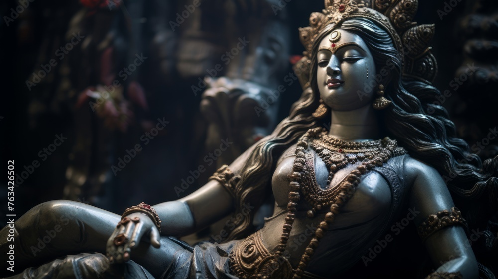 Sculpture of deity with serene powerful features and symbolic attributes