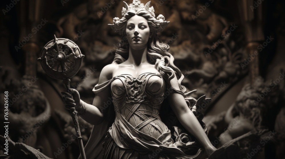 Classical sculpture of goddess scepter and intricately adorned shield in hand