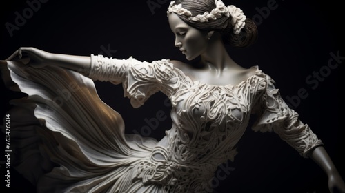 Elegant dancer captured in statue flowing dress patterns in air
