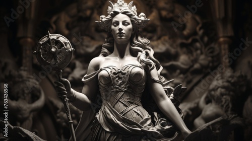 Classical sculpture of goddess scepter and intricately adorned shield in hand