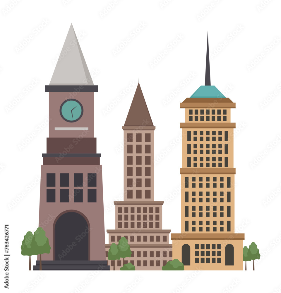 Fototapeta premium Image of City buildings. This colorful cartoon design highlight the beauty of urban buildings in an artistic illustration against a white backdrop. Vector illustration.
