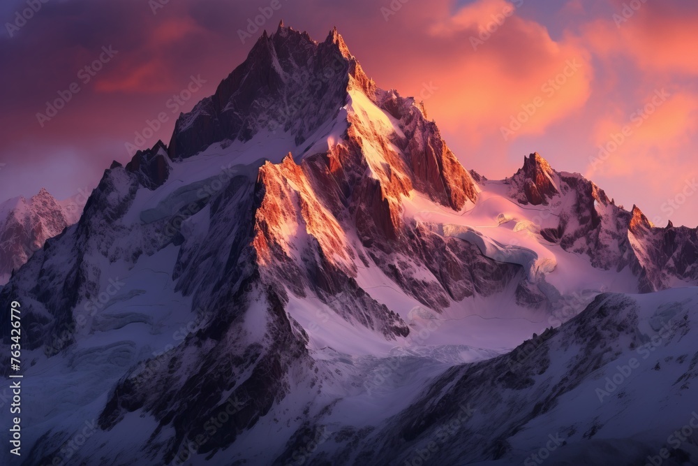 Towering peaks bathed in alpenglow during a serene alpine sunset