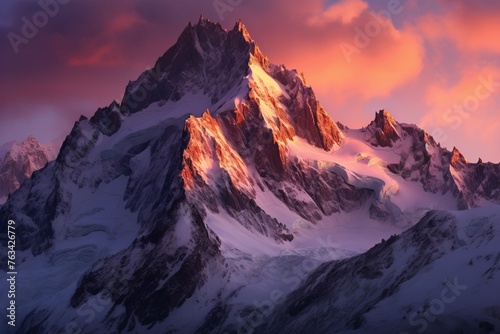 Towering peaks bathed in alpenglow during a serene alpine sunset © KerXing