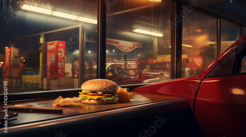 A  image of a fast-food restaurant's drive-thru window, with a friendly employee handing out a steaming bag of fresh burgers and fries to a delighted customer in a car. © zeeshan