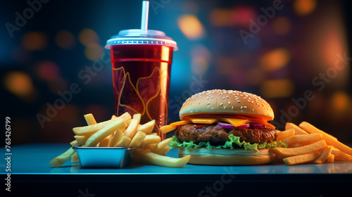 A  image of a fast-food combo meal with a burger, fries, and a soft drink, epitomizing quick and indulgent dining.