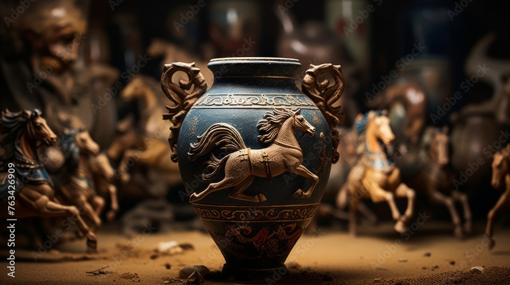 Greek amphora adorned with images of mythical creatures detailed artistry - obrazy, fototapety, plakaty 