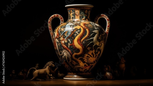 Amphora with mythical creatures like Chimera Pegasus lifelike detail
