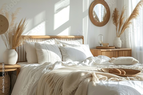 Early in the morning in a modern and bright white bedroom with wooden furniture, cushions, blankets, food tray on the bed. bedside table and round mirror hanging on the wall